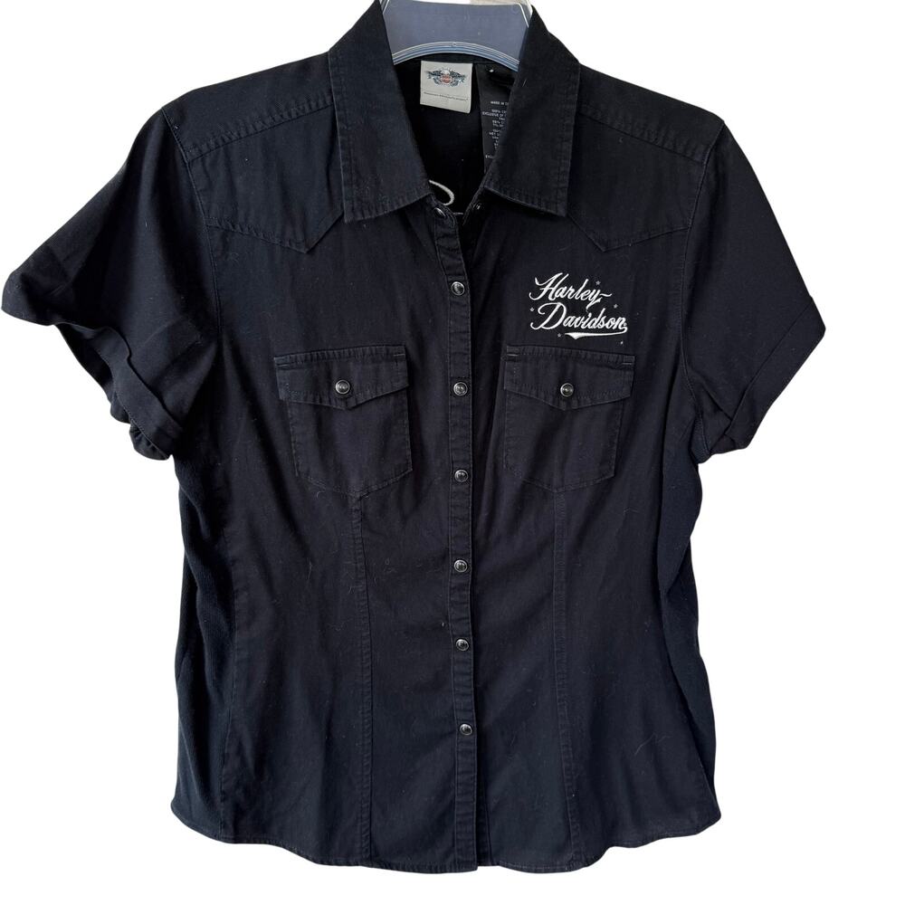 Harley Davidson Fitted Black Corduroy snap buttons Top size L